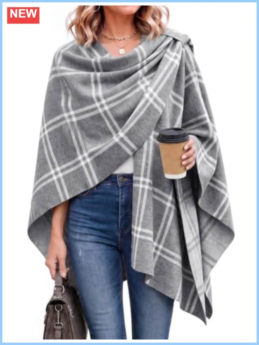 Plaid Knit Shawl Wrap Poncho Cape Sweater Asymmetric Hem